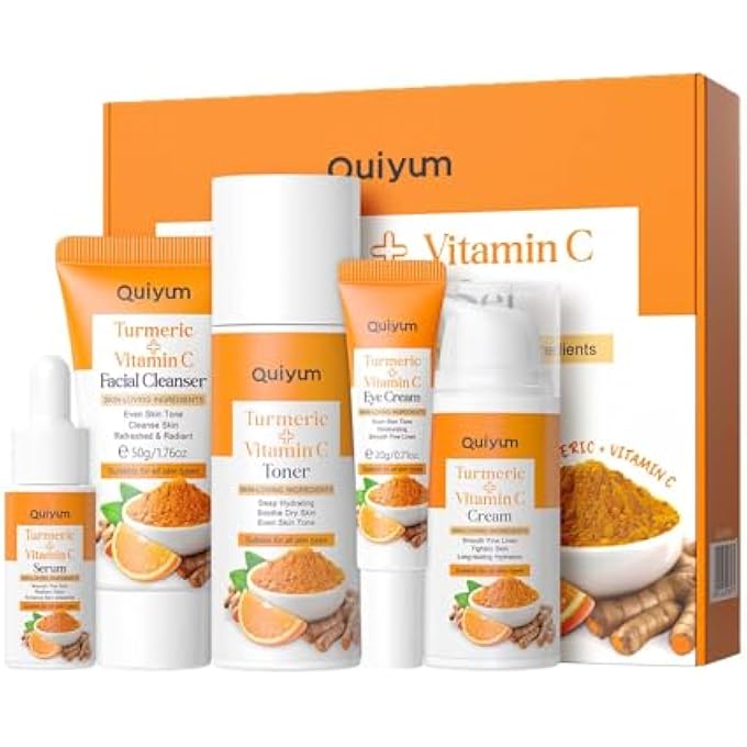 QUIYUM TURMERIC VITAMIN C SKIN CARE SET,5 PIECE GENTLE SKIN - TURMERIC CLEANSER,TONER,SERUM,EYE CREAM,MOISTURIZER,TO CLEANSES, SOOTHING, HYDRATING SKIN, SKIN CARE SET FOR ALL SKIN TYPE - Image 1